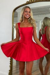 Red Satin A-Line Short Homecoming Dress with Square Neckline