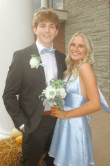 Glamorous Light Blue A Line Mini Dress with Halter Neckline and Open Back
