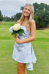 Glamorous Light Blue Strapless Mini Dress with Soft Ruched Details and Elegant Fit