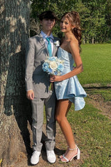 Glamorous Light Blue Strapless Mini Dress with Soft Ruched Details and Elegant Fit