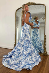 Romantic Blue Floral Print Mermaid Prom Dress with Bow-Strap Detail
