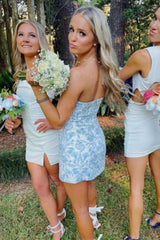 Stylish Light Blue Sheath Party Dress with Strapless Neckline and Short Hem
