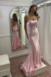 Romantic Pink Spaghetti Strap Satin Mermaid Prom Gown with Lace-Up Detail