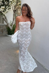Romantic White Lace Strapless Sheath Party Dress, Tea-Length Style