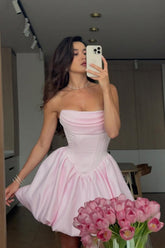 Cute Strapless Corset Homecoming Dress with Satin Bubble Hem Skirt