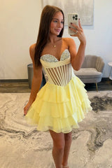 Dreamy Yellow Corset Bodice Homecoming Dress with Sparkly Ruffle Tulle Skirt