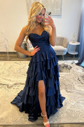 Classic Navy Blue A-Line Prom Gown with Sweetheart Corset and Layered Skirt