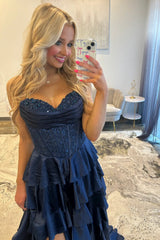 Classic Navy Blue A-Line Prom Gown with Sweetheart Corset and Layered Skirt