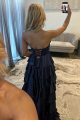 Classic Navy Blue A-Line Prom Gown with Sweetheart Corset and Layered Skirt