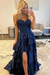 Classic Navy Blue A-Line Prom Gown with Sweetheart Corset and Layered Skirt
