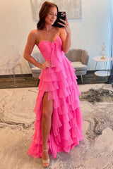 Romantic Pink Sweetheart A-Line Prom Dress with Layered Ruffles and Bow Detail