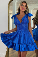 Dreamy Beaded A Line Homecoming Dress with V Neck and Charming Bow Accents