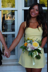 Romantic Yellow Mini Dress with Spaghetti Straps and Feminine A Line Shape