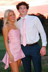 Short Pink Satin A-Line Homecoming Dress with Strapless Bodice