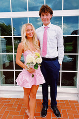 Chic Pink Mini Homecoming Dress with Sheath Silhouette and Romantic Ruffles