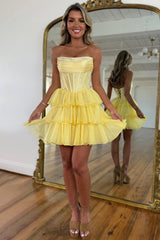 Dreamy Yellow Homecoming Dress with Crystal Beaded Top and Soft Chiffon Layers