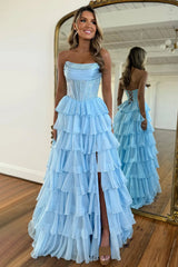 Yellow Strapless Corset Prom Dress with A-Line Ruffle Skirt and High Slit
