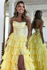 Yellow Strapless Corset Prom Dress with A-Line Ruffle Skirt and High Slit