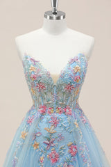 Dreamy Light Blue V-Neck Floral Corset Formal Gown with Tulle Train