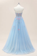 Dreamy Light Blue V-Neck Floral Corset Formal Gown with Tulle Train