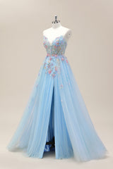 Dreamy Light Blue V-Neck Floral Corset Formal Gown with Tulle Train