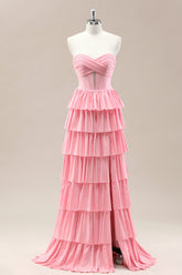 Dreamy Pink Sweetheart Layered Ruffle Prom Gown with Sparkle Details