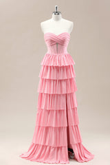 Dreamy Pink Sweetheart Layered Ruffle Prom Gown with Sparkle Details