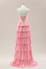 Dreamy Pink Sweetheart Layered Ruffle Prom Gown with Sparkle Details
