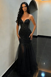 Black Mermaid Prom Dress with Sequin Finish and Sheer Corset Top