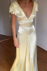 Stunning Yellow A-Line Party Gown with Deep V-Neck and Open Back