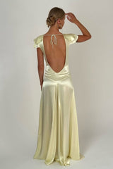 Stunning Yellow A-Line Party Gown with Deep V-Neck and Open Back