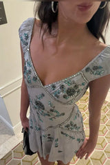 Classic Grey A Line Mini Homecoming Dress with V Neck and Intricate Embroidery