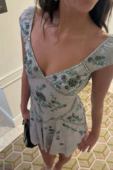 Classic Grey A Line Mini Homecoming Dress with V Neck and Intricate Embroidery