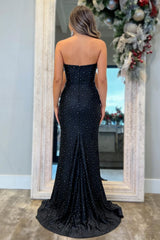 Black Mermaid Prom Dress with Glitter Accents and Deep Plunge Neckline