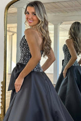 Luxury Black Satin A-Line Prom Dress with Strapless Beaded Corset and Bow