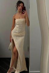 Chic Ivory Strapless Sheath Prom Gown with Draped Waist Detail and Slit