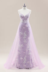 Elegant Lavender Floral Lace Spaghetti Straps Prom Dress with Tulle Overskirt