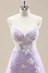 Elegant Lavender Floral Lace Spaghetti Straps Prom Dress with Tulle Overskirt