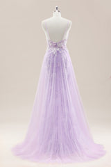 Elegant Lavender Floral Lace Spaghetti Straps Prom Dress with Tulle Overskirt