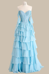 Elegant Light Blue Sweetheart Corset Prom Gown with Layered Ruffle Skirt