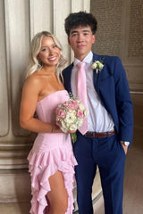 Light Pink Strapless Sheath Formal Prom Dress with Cascading Ruffle Skirt