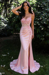 Romantic Pink Satin Prom Dress with Floral Appliqués and Side Slit