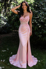 Romantic Pink Satin Prom Dress with Floral Appliqués and Side Slit
