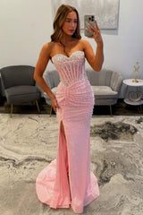 Chic Pink Mermaid Prom Dress with Sweetheart Corset Bodice and High Slit