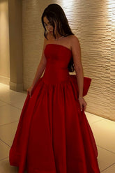 Romantic Red Strapless Ball Gown Prom Dress with Bow Accent Back