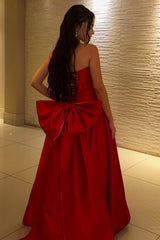 Romantic Red Strapless Ball Gown Prom Dress with Bow Accent Back