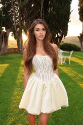 Chic Strapless Satin Homecoming Dress with Corset Bodice in Ivory