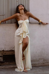 Strapless Satin Prom Dress with Dramatic Ruffle Layers and High Slit