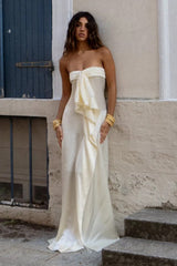 Strapless Satin Prom Dress with Dramatic Ruffle Layers and High Slit