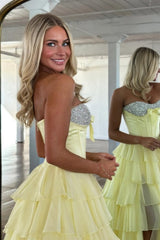 Chic Yellow A-Line Prom Dress with Layered Ruffle Skirt and Sparkle Detail